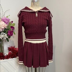 NWT Burgundy Cable Knit Sailor Collar Sweater & Pleated Mini Skirt Set